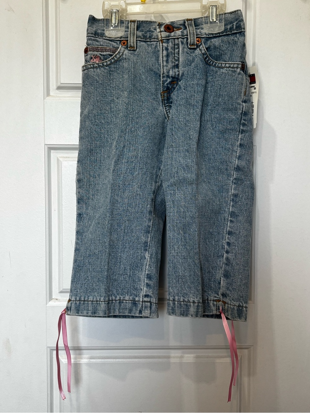 Tommy Hilfiger Girl’s Denim Pants -Pink Satin Ribbon Tie At Cuff -Y2k Aesthetic